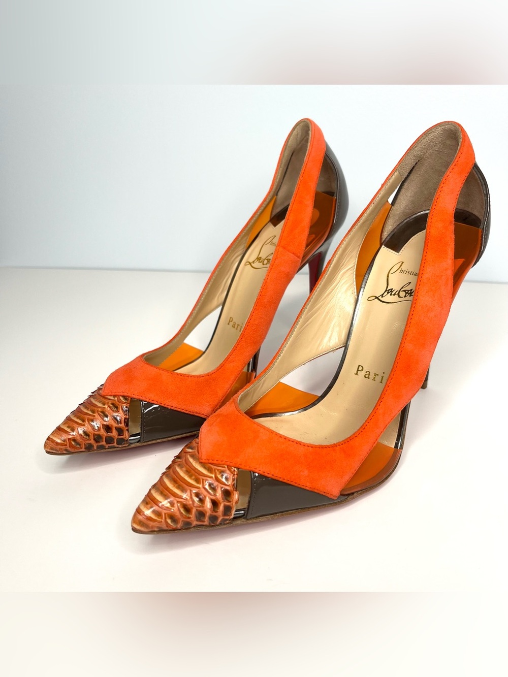 NEW Christian Louboutin Women's Size 36 Orange Suede Snake Pumps Stiletto Heels